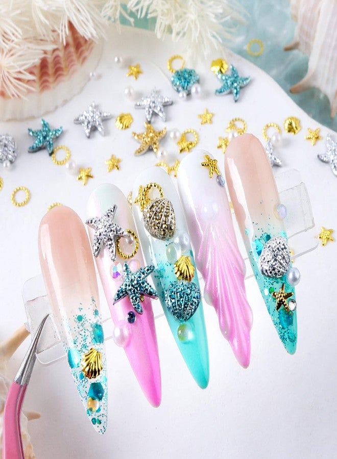 OSTTMA 100Pcs Summer Nail Charms 3D Shell Starfish Nail Art Charms Studs Pearl Rhinestones Gems Summer Sea Theme Nails Supplies Gold Silver Blue Resin Beach Manicure Decoration for Women DIY Craft Jewelry - Image 4